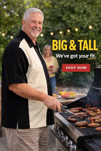 Big and Tall Man enjoying a BBQ wearing retro bowling shirt 