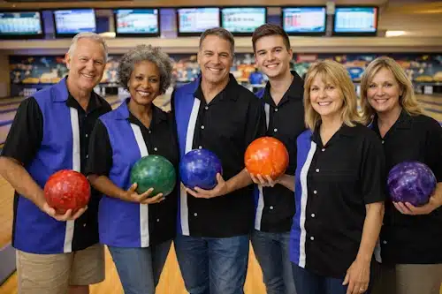 Mixed Team in Bowling shirts at the bowling alley