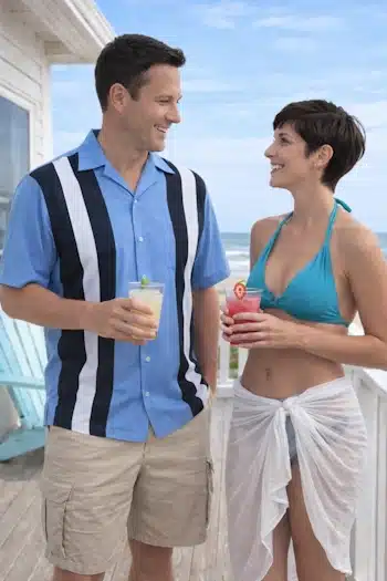 Man wearing charlie harper shirt at the beach