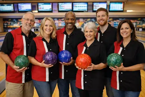 Adult Bowling Team at the Bowling Alley in matching shirts