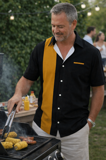 Man at BBQ wearing classic retro style shirt 