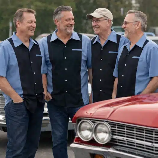 Classic Car Club dressed in matching retro designed bowling shirts