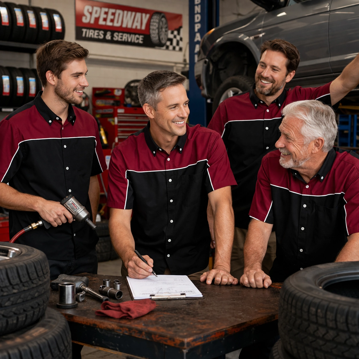 Guys in Auto workdhop in matching team shirts