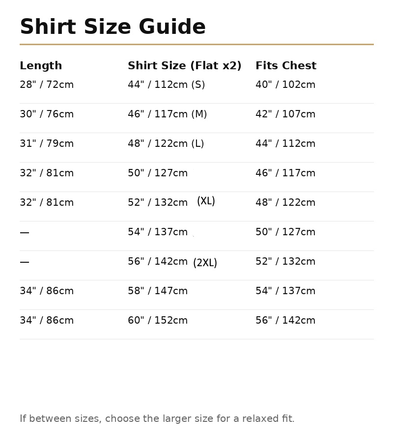 Size guide for shirts